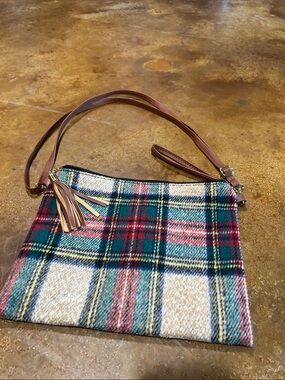Plaid Crossbody Bag with Tassel Accent - Brown Strap